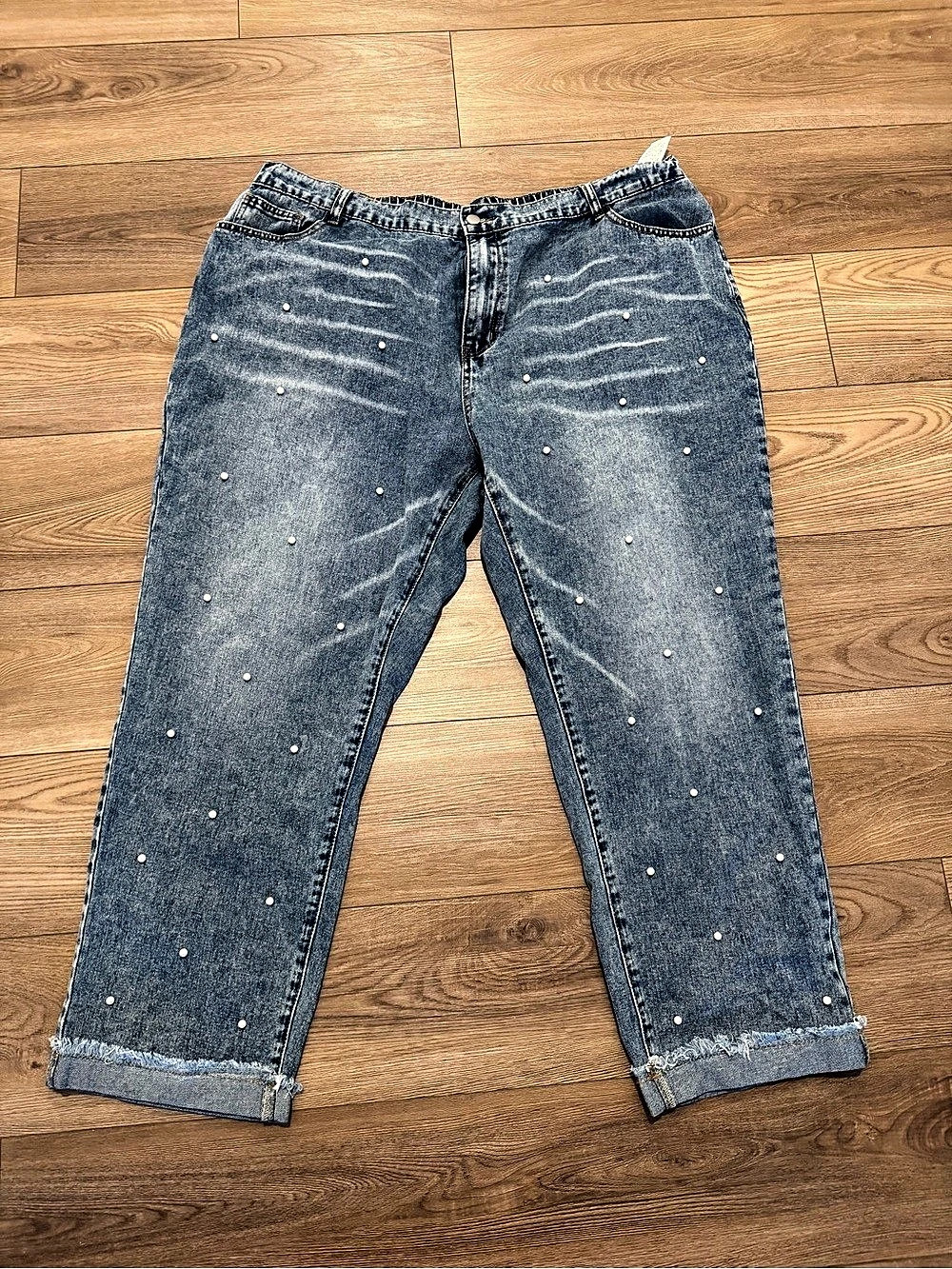 SHEIN Plus High Waist Pearls Beaded Raw Hem Boyfriend Jeans Blue Small